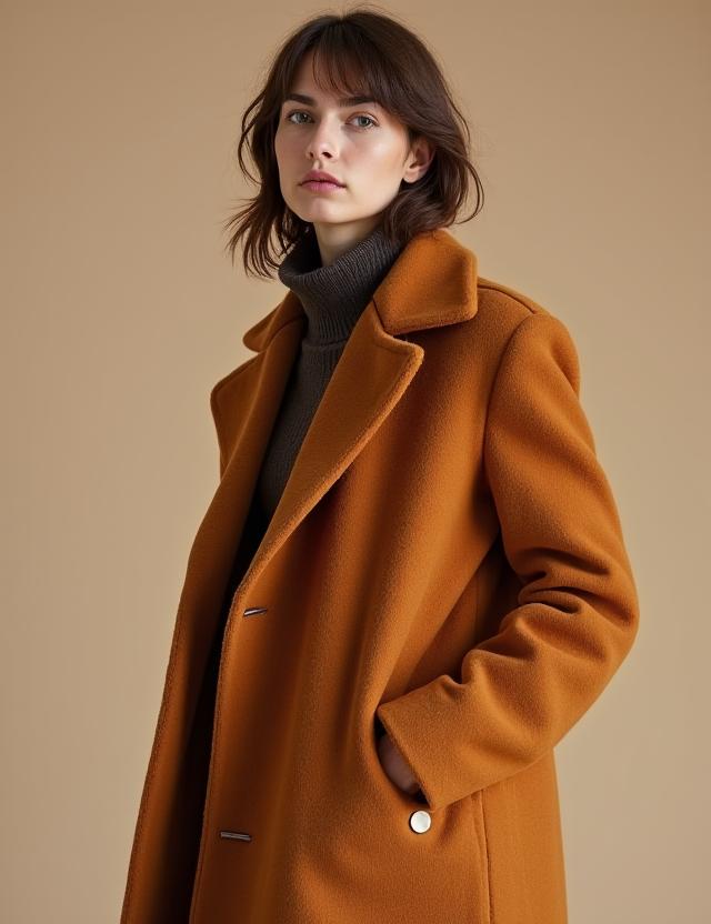 Model trägt einen Wollmantel aus der Herbst/Winter Kollektion.